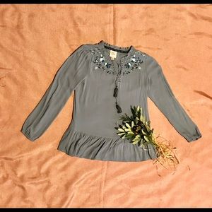 Knox Rose Bojo Chic Blue Embroidered Peasant Top